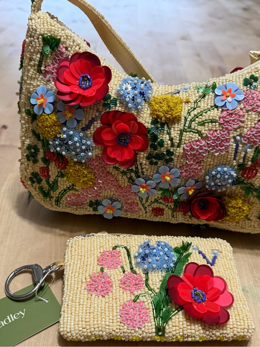 Vera Bradley beaded Floral Shoulder Bag and Card Wallet Set - Red & Yellow Flowe